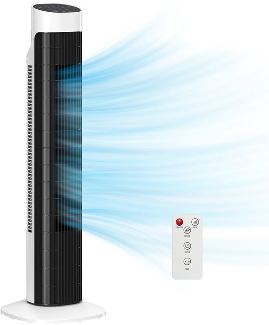 Stille torenventilator 80 cm wit met afstandsbediening, 3 snelheden, oscillatie en LED-display