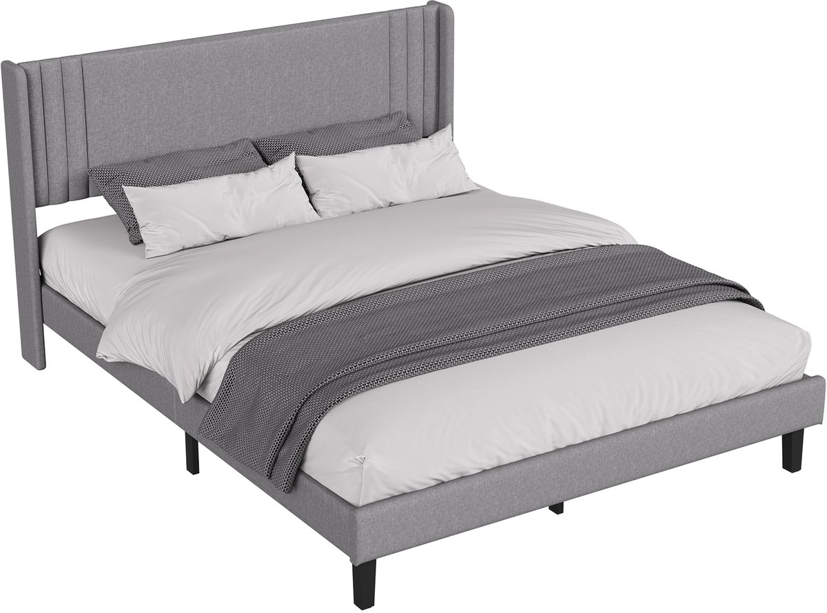 SHOPENTRA Modern Tweepersoonsbed 140x200 cm – Zacht Linnen Bed met Gestreept Hoofdbord – Stevig Frame en Comfortabel Design grijs