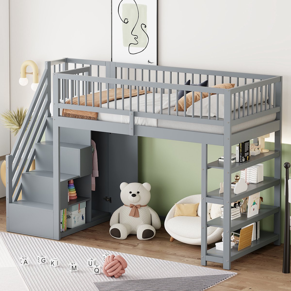 Wishdor Hoogslaper 90x200 cm – Met Kledingkast, Planken & Veiligheidsladder – Alles-in-één – Massief Hout – Grijs