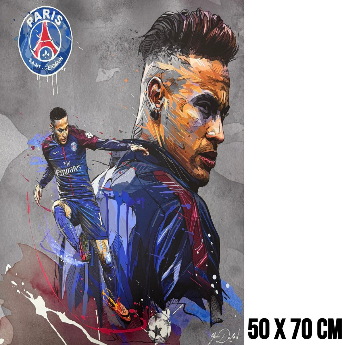 Allernieuwste.nl® Canvas Schilderij Voetballer Neymar Jr PSG – 50 x 70 cm - Voetbal Portret Sport Wanddecoratie – Muurdecoratie