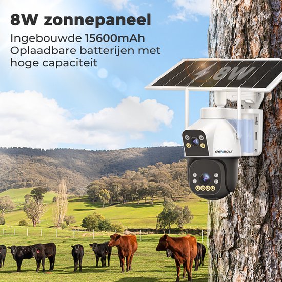 Beveiligingscamera met 8W zonnepaneel, ingebouwde 15600mAh oplaadbare batterijen, met koeien op de achtergrond.