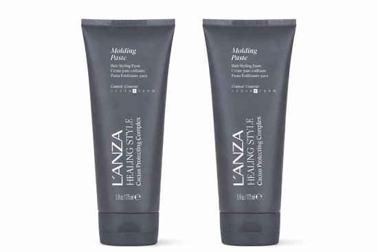 Twee donkergrijze tubes L'ANZA Healing Style Molding Paste met witte tekst en een grijze dop.