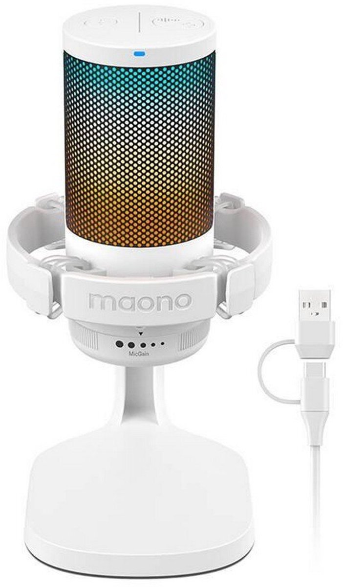 Maono DGM20 - Wit - USB RGB Streaming Microfoon met Ruisonderdrukking - Gaming - Podcast - Geschikt voor PS5 / PS4 / PC / Windows / Android - Touch Mute Knop - Popfilter