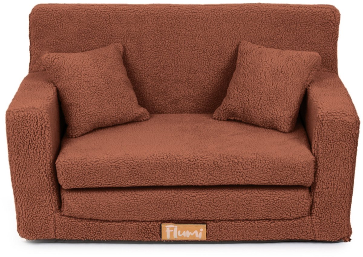 Flumi opvouwbare mini kindersofa van teddy stof – zachte kinderbank met uitklapfunctie en afneembare hoes, bruin