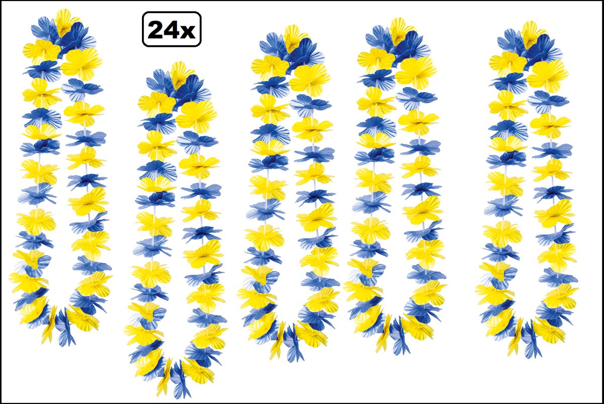 24x Hawaikrans blauw/geel - bloemenkrans - Tropical party WK Voetbal thema feest hawaii slinger