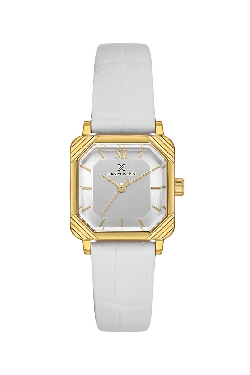 Daniel Klein DK.1.14154-2 - Horloge - Polshorloge - Analoog - Dames - Vrouwen - Leren band - Metaal - Agerond vierkant - Romeinse cijfers - Strepen - Wit - Goudkleurig - Zwart