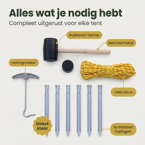 Lomera Campingset 9-Delig - Tentharingen - Hamer met Haringtrekker - Touw - Kampeerartikelen voor Kamperen en Outdoor - Tenthamer - Campinghamer - Tent Accessoires - Kampeerset - Haringen - Camping - Kampeerspullen - Vakantie - Festival — afbeelding 4