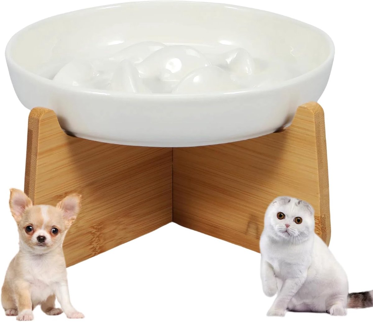 Keramische Langzame Voederbak voor Katten, Verhoogde Kattenkom met Antislipbasis, Interactief Doolhofontwerp, Langzame Voederkom voor Kleine Honden, Dieetschotel voor Langzame Voeding (Wit)