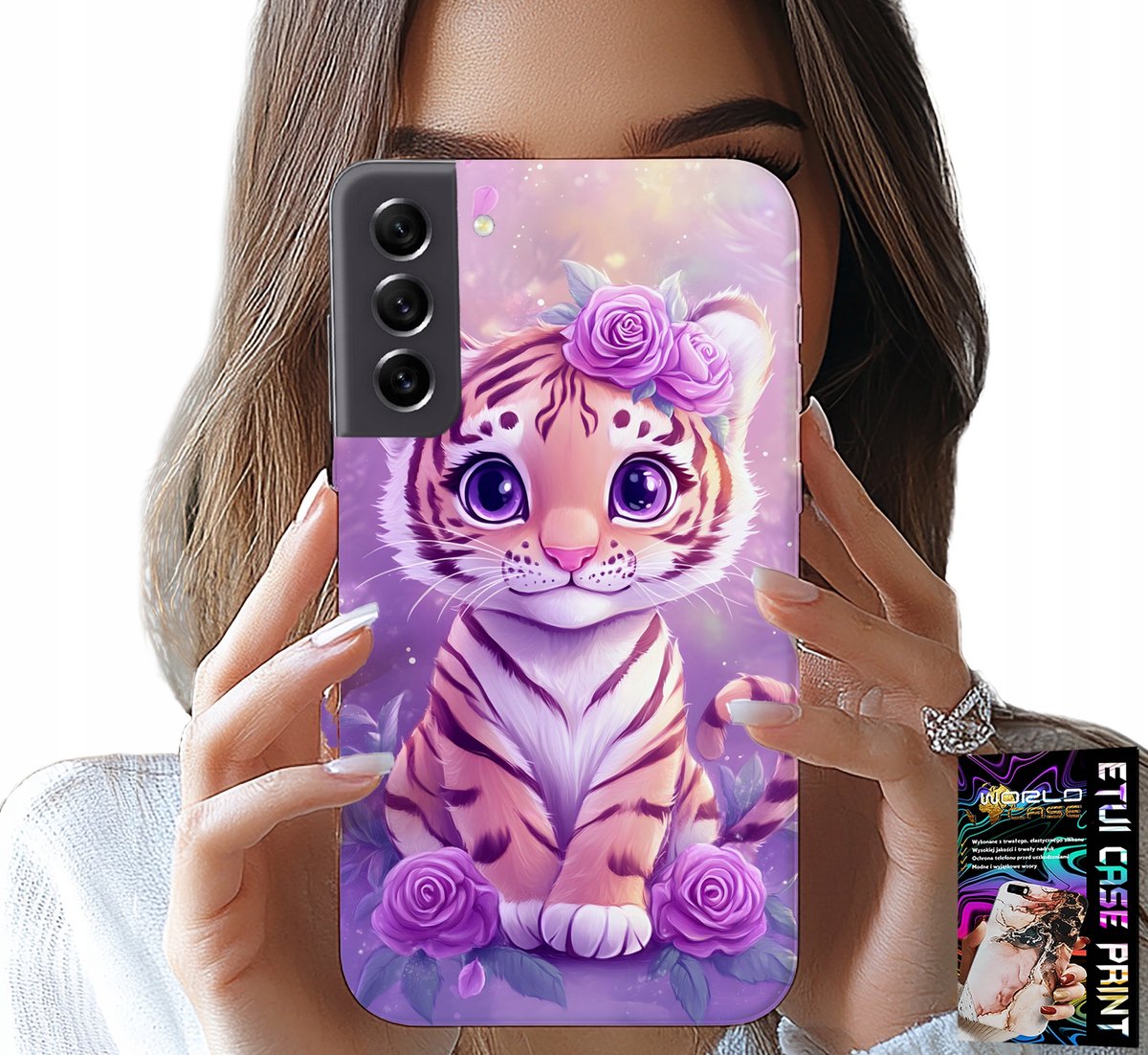 HOESJE VOOR SAMSUNG GALAXY S21 FE - SCHATTIGE TIJGER OP ROZE ACHTERGROND + GLAS