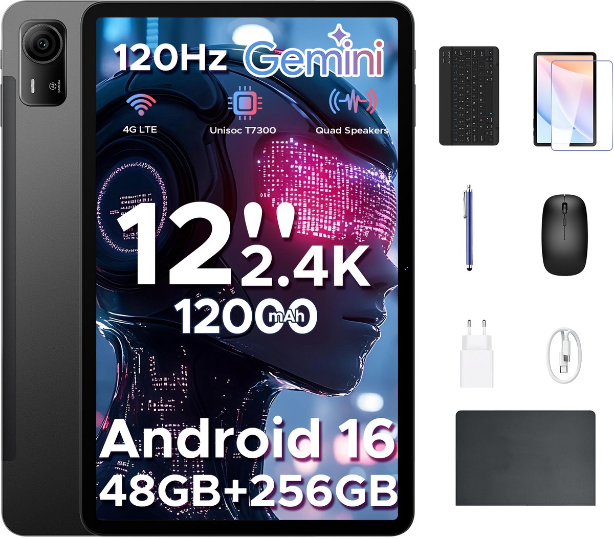 Aorlym P12 Pro - Tablet - 48GB RAM (12+36GB) + 256 GB ROM (2 TB/TF) - 12 Inch 2K 120Hz IPS - Android 16 - 12000mAh/18W - 4G LTE - Wi-Fi 5 - Bluetooth 5.0 - T7300 - Quad Speakers - Volledige accessoirebundel met toetsenbord en stylus