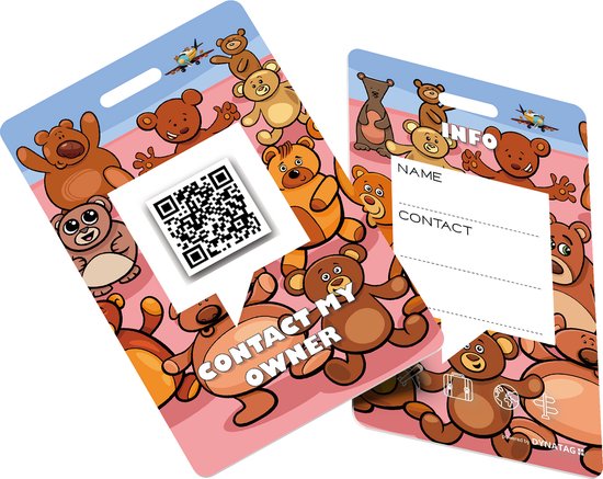 Bagagelabel met bruine teddyberenprint, een QR-code en de tekst "CONTACT MY OWNER".