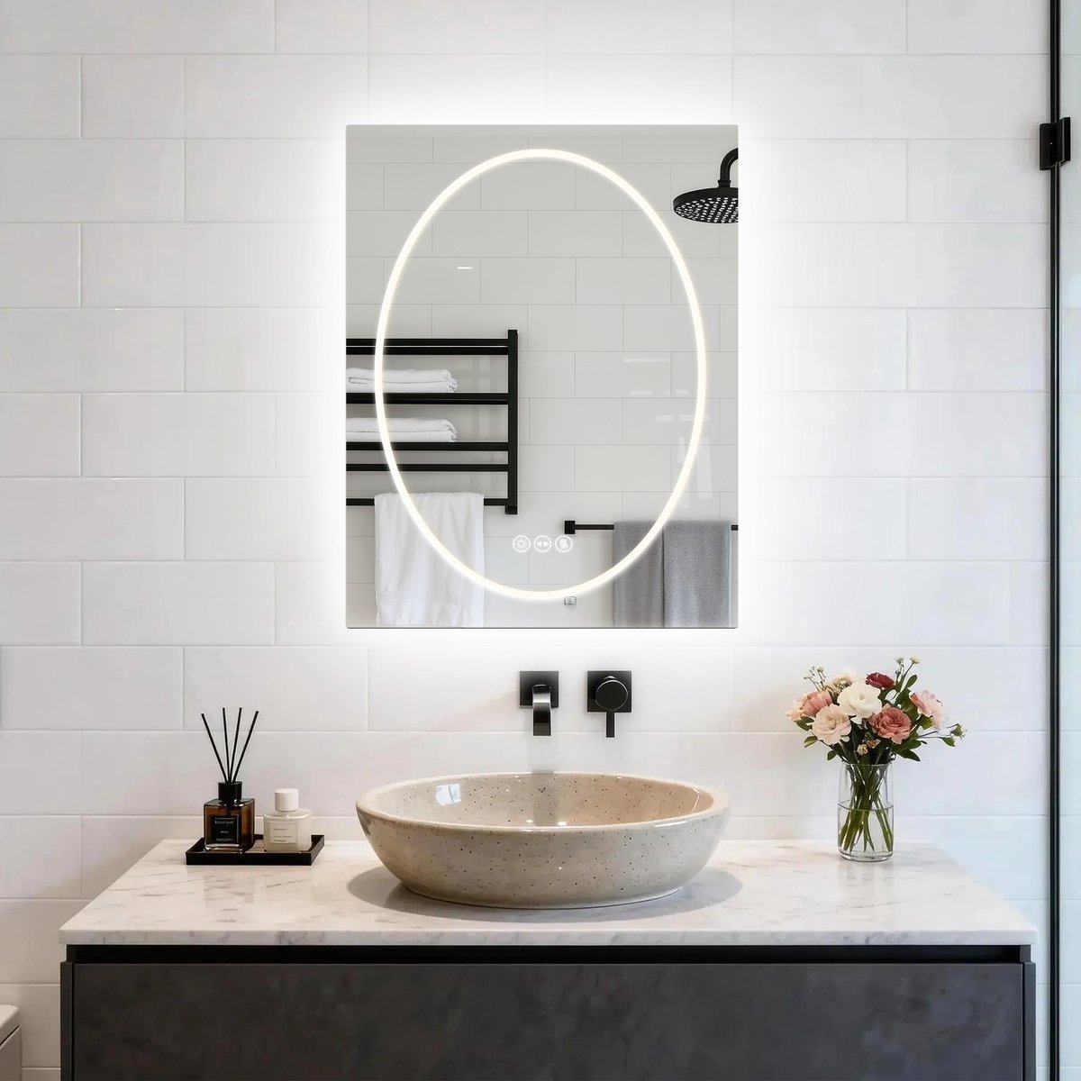 LUVODI LED-badkamerspiegel met verlichting – dimbare verlichting aan de voor- en achterzijde – anticondensverwarming – creatieve sterrenring – gehard glas – 60 x 80 cm