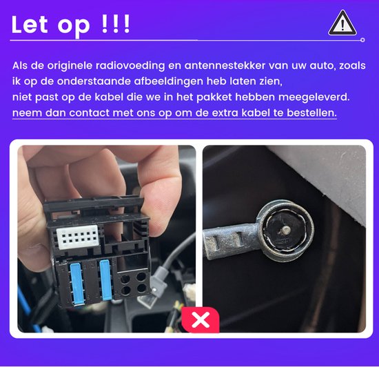 Detail van de radio- en antennestekkers, met instructies over het bestellen van een extra kabel indien nodig.
