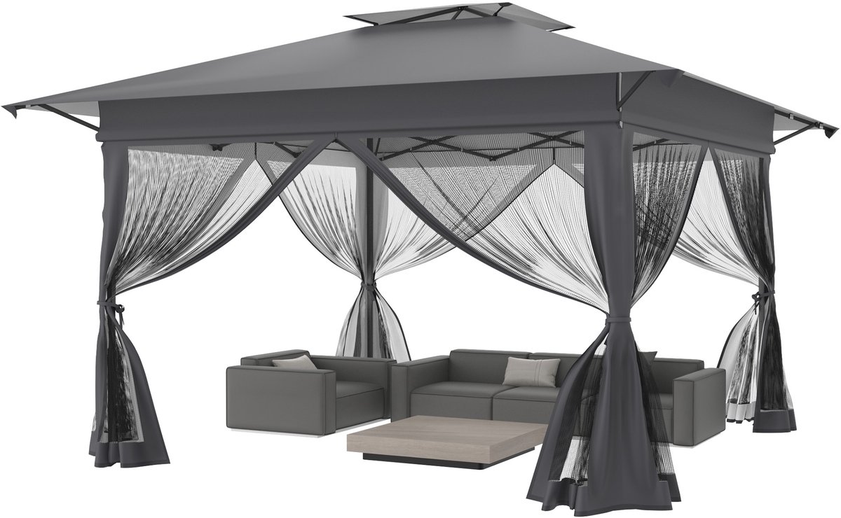 ACXIN Opvouwbare Partytent 4x4m - Waterdicht met Muggennet, In Hoogte Verstelbaar, Pop-up Paviljoen met Draagtas op Wielen en UV-bescherming - Voor Tuin en Terras - Anthrazit