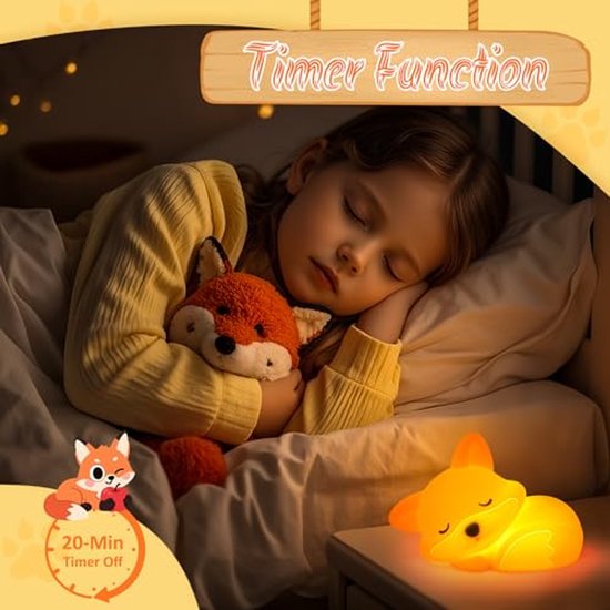 Vossen-nachtlampje - Schattig siliconen vossenlampje - Oplaadbaar, dimbaar en met timer - Nachtlampje met touch-bediening voor naast het bed - Decoratie voor de babykamer - Cadeau voor baby's en kinderen — afbeelding 4
