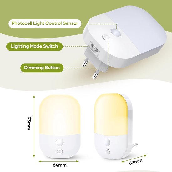 2 Stuks LED Nachtlampje Met Lichtsensor Stopcontact Nachtverlichting Wit - 5 Helderheidsniveaus Automatische Aan-Uit Schakelaar Energiezuinig van Merkloos — afbeelding 5