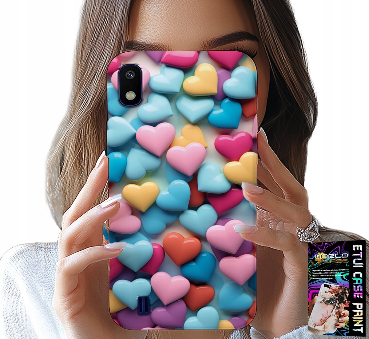 HOESJE VOOR SAMSUNG A10 - KLEURRIJKE HARTJES, MOGELIJKHEID TOT PERSONALISATIE