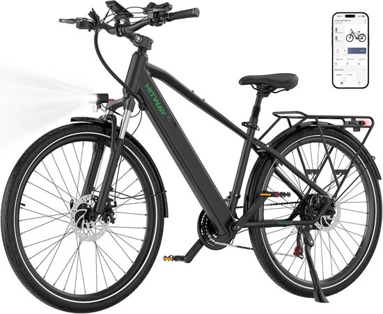 Zwarte elektrische damesfiets van Hitway met verlichting, bagagedrager en een display op het stuur.