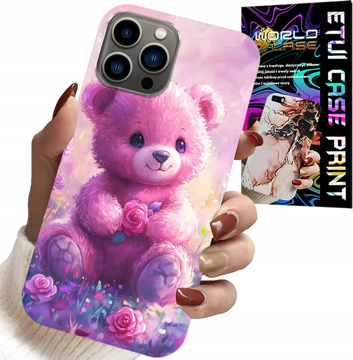 Hoesje voor iPhone 11 Pro - schattige teddybeer op roze achtergrond, hoesje + glas