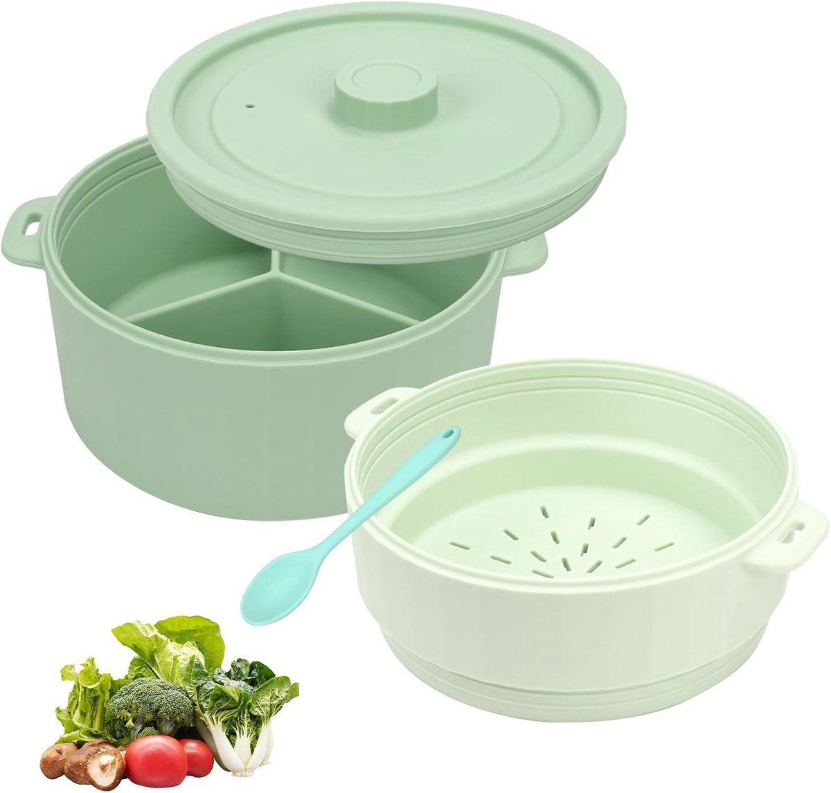 Dubbele Stoompan - Magnetron Container - Snel Eten Bereiden - Vaatwasserbestendig - 18.8 x 12.5 cm - Groen
