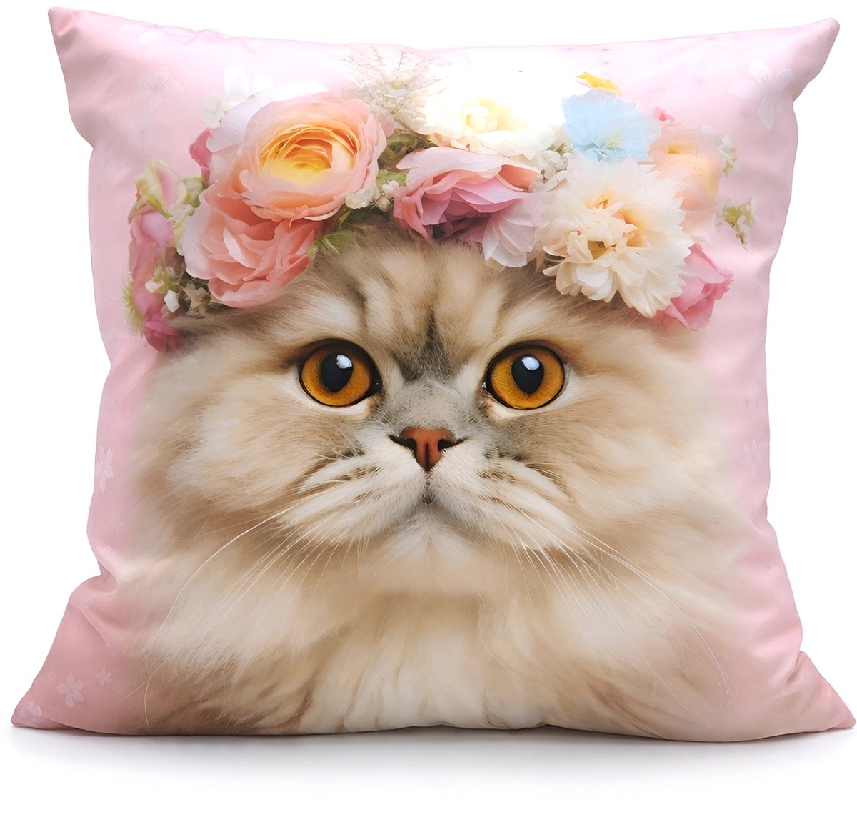 Sierkussen Kat - Kat Kussenhoes - Kat met Bloemenkroon - 45x45 cm - Roze