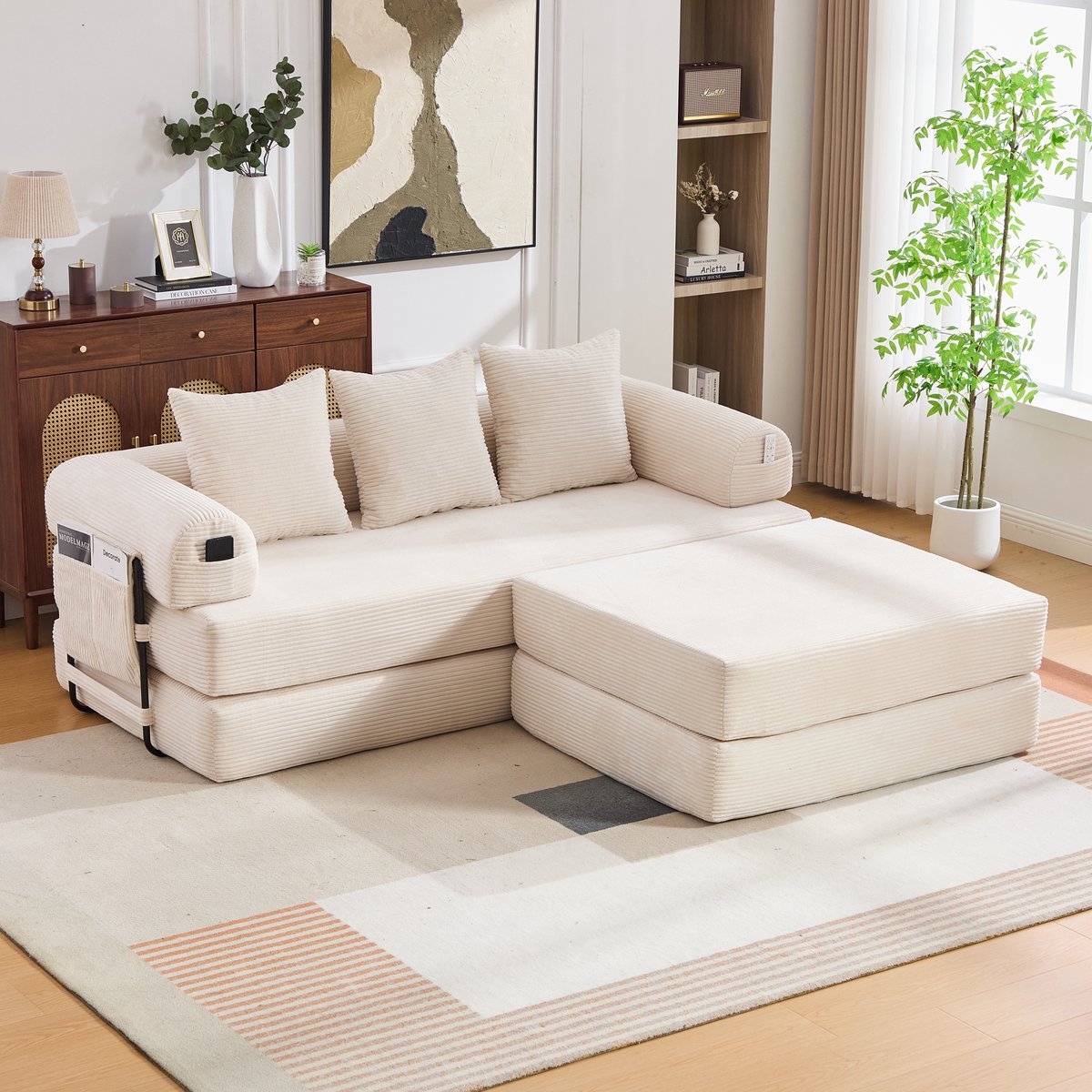 HAUSS SPOLE Hoekbank - Modulaire Combinatiebank - Vrij Te Indelen Met Hocker En Opbergvak - Voor Woonkamer En Studio - Ribstof Beige