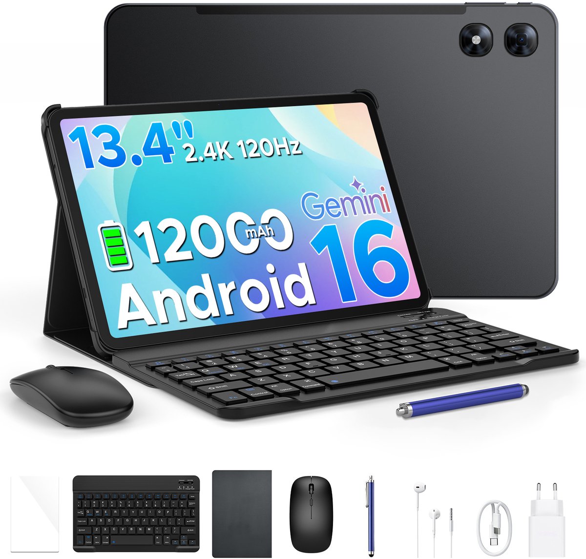 POCKAM P13 Pro Tablets - 12 GB RAM + 256 GB ROM (2 TB/TF) - 13,4 inch tablet FHD+ 120 Hz – Android 16 - UNISOC T7280 - 12000 mAh/18W - 4G LTE - Wi-Fi 5 - Bluetooth 5.0 - Inclusief toetsenbord, muis, Stylus en hoesje - Dubbele luidsprekers - Zwart