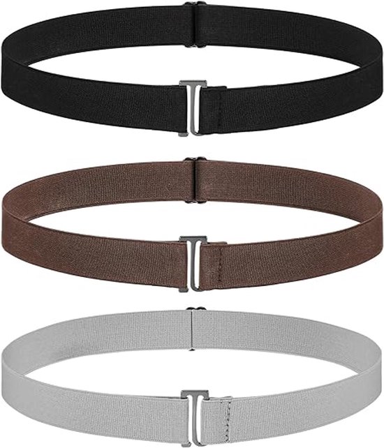 Drie platte gespen riemen: zwart, bruin en grijs. Elke riem is elastisch en heeft een metalen gesp.