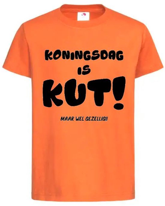 T-shirt Unisex Volwassenen "Koningsdag is KUT! maar wel gezellig" Op Voorkant Oranje Koning Koningsdag | korte mouw | Oranje/zwart | maat 3XL