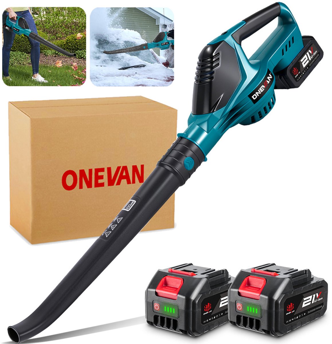ONEVAN Accu Bladblazer 21 V - 219 km/u Elektrische Bladblazer - 5 versnellingen - met 2x accu's - draadloze bladblazer voor tuin, bladeren, stof en sneeuw