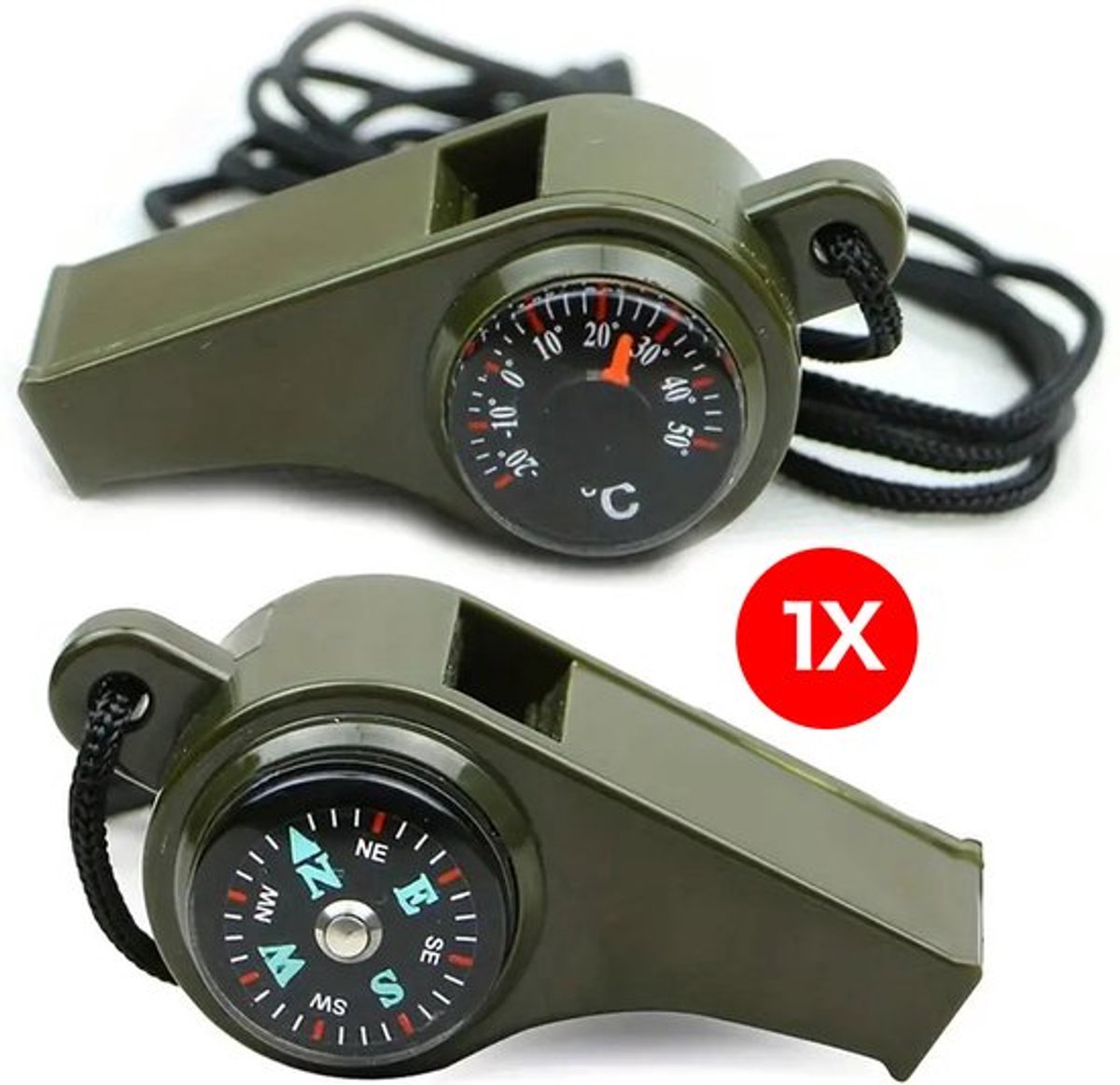 FLØRA Living Noodfluitje 3-in-1 – 150dB – Met Kompas & Thermometer – Kunststof Survival Fluit
