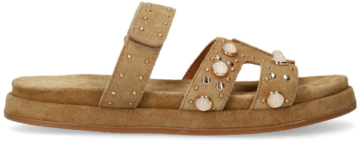 Manfield - Dames - Cognac suède slippers met bandje - Maat 41