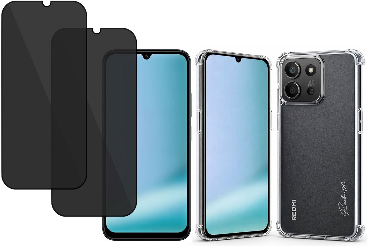 Proteq Hoesje + Privacy Screenprotector 2x geschikt voor Xiaomi Redmi 15C – Gehard Glas – Anti Inkijk – Case – Transparant