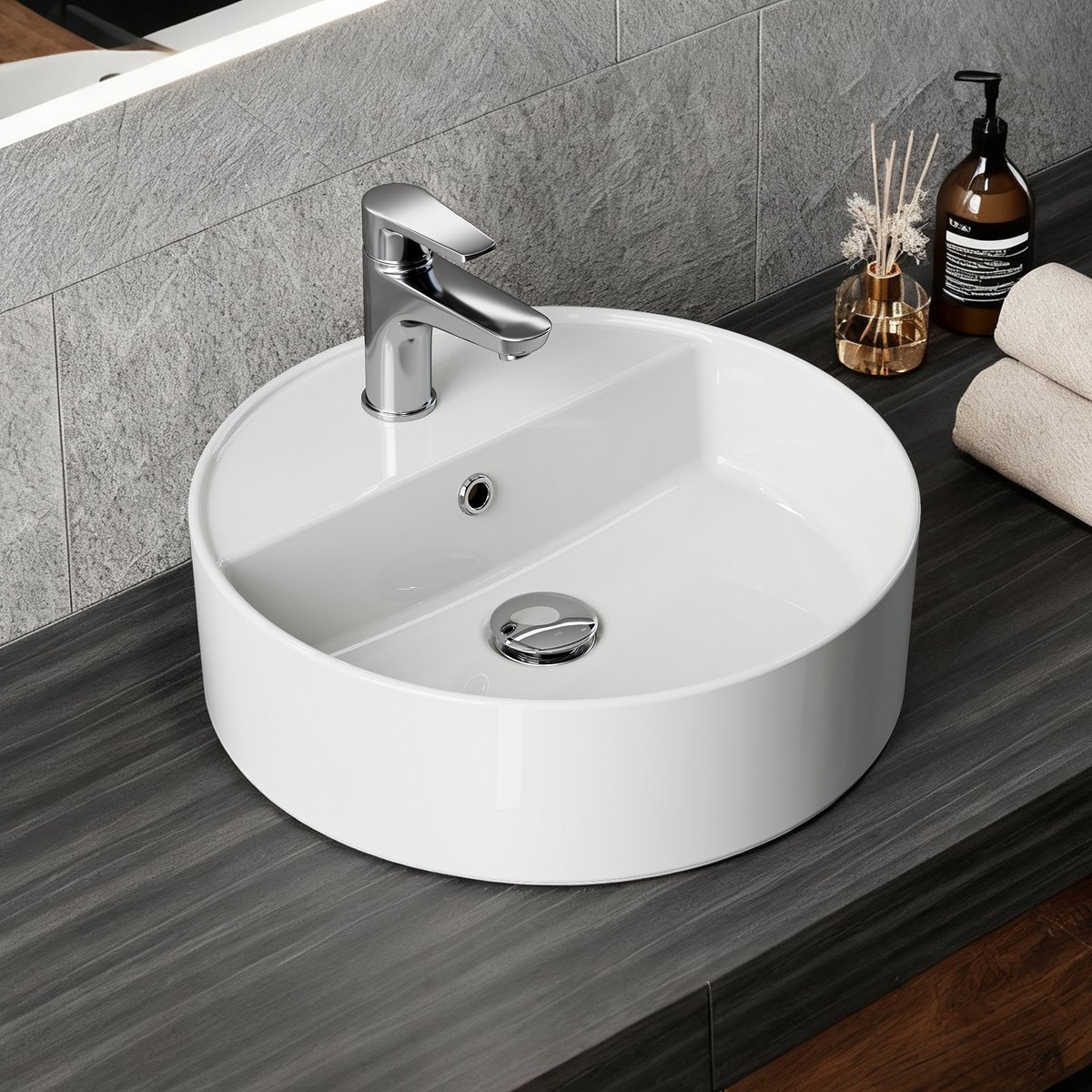 HOROW Opzetwastafel Rund Keramische Wastafel voor Badkamer en Gastentoilet - 420x420x145 mm - Wit Hoogglans - Wasbak met dunne rand - Keramik Waskom opbouw met kraangat en met overloop