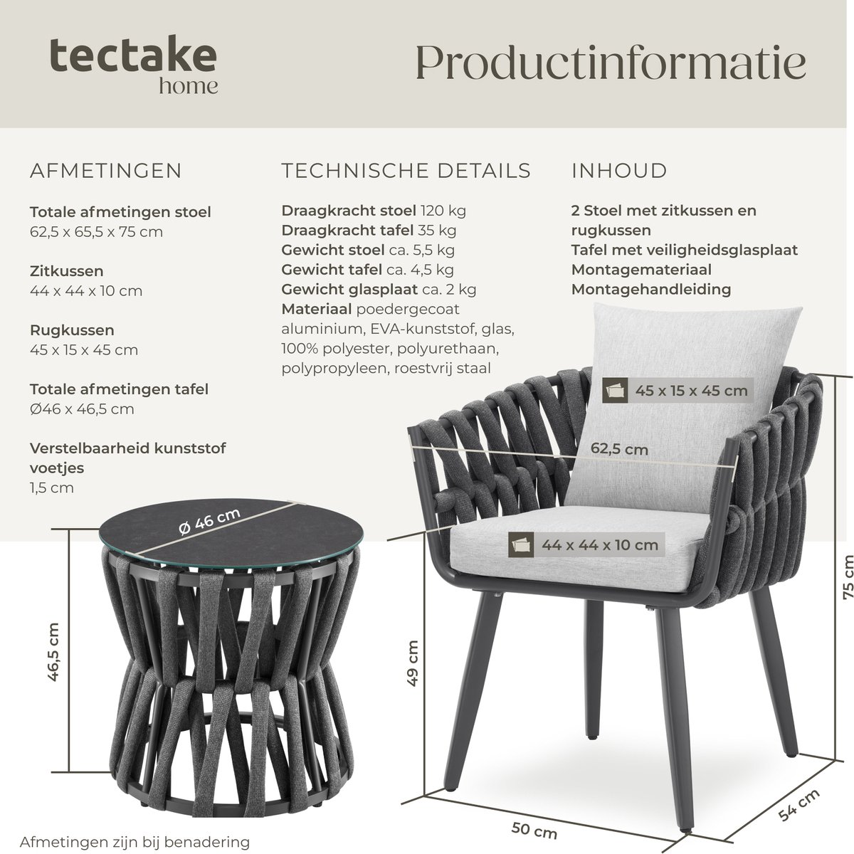 tectake® Tuinset Lugano - Tuinstoelen - 2 Loungestoelen met Bijzettafel - Buitenstoelen in Rope-Design met Aluminium Frame - Buiten Fauteuils met Dikke Kussens - Loungeset voor Tuin of Balkon - Terrasstoelen - UV- en Weerbestendig – foto 4