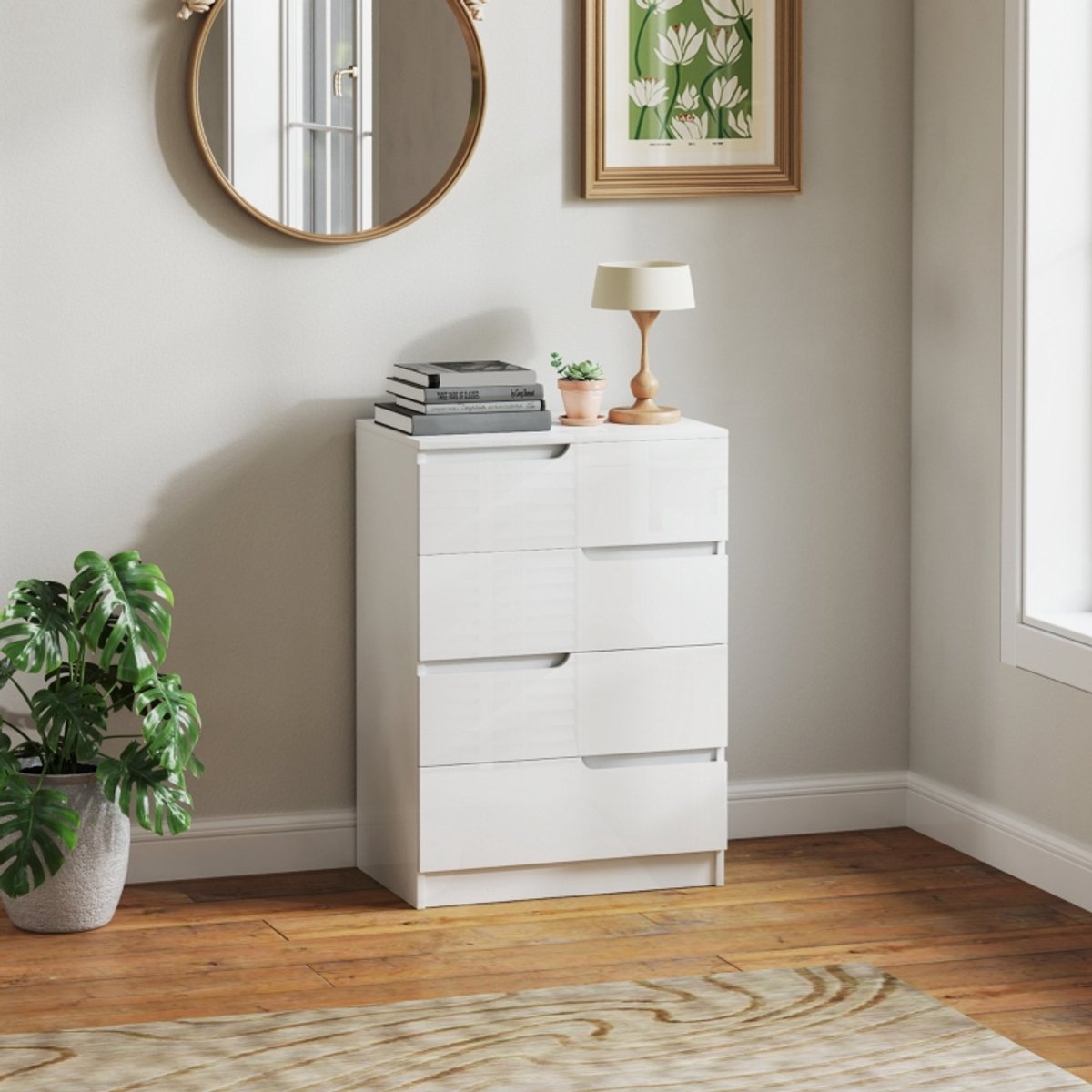 Wishdor Ladekast - 4 Laden - Modern - Voor Slaapkamer - Hout - Hoogglans Wit - 60 X 40 X 85 Cm