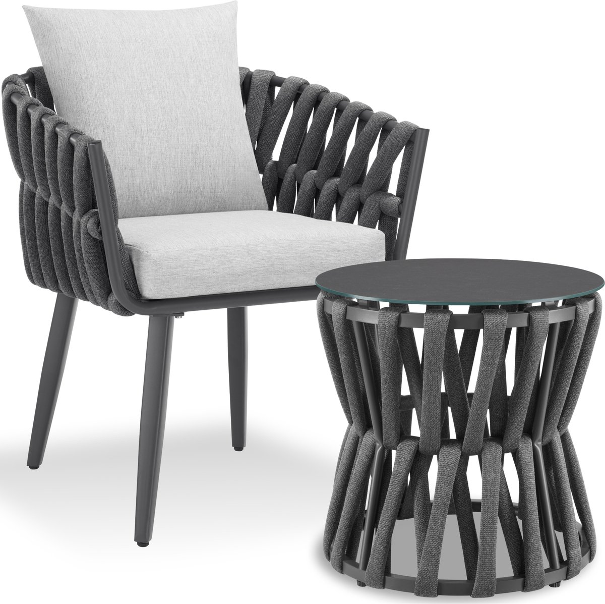 tectake® Tuinset Lugano - Tuinstoel - Loungestoel met Bijzettafel - Buitenstoel in Rope-Design met Aluminium Frame - Buiten Fauteuil met Dikke Kussens - Loungeset voor Tuin of Balkon - Terrasstoel - UV- en Weerbestendig
