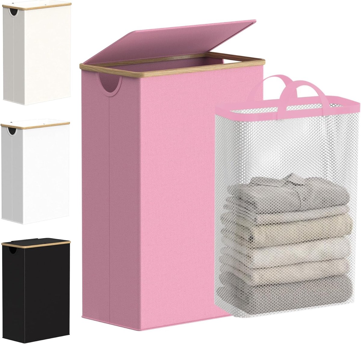 Slanke wasmand - Smalle mand - Vuile was sorteren - Afneembare tas - 75 liter - Roze