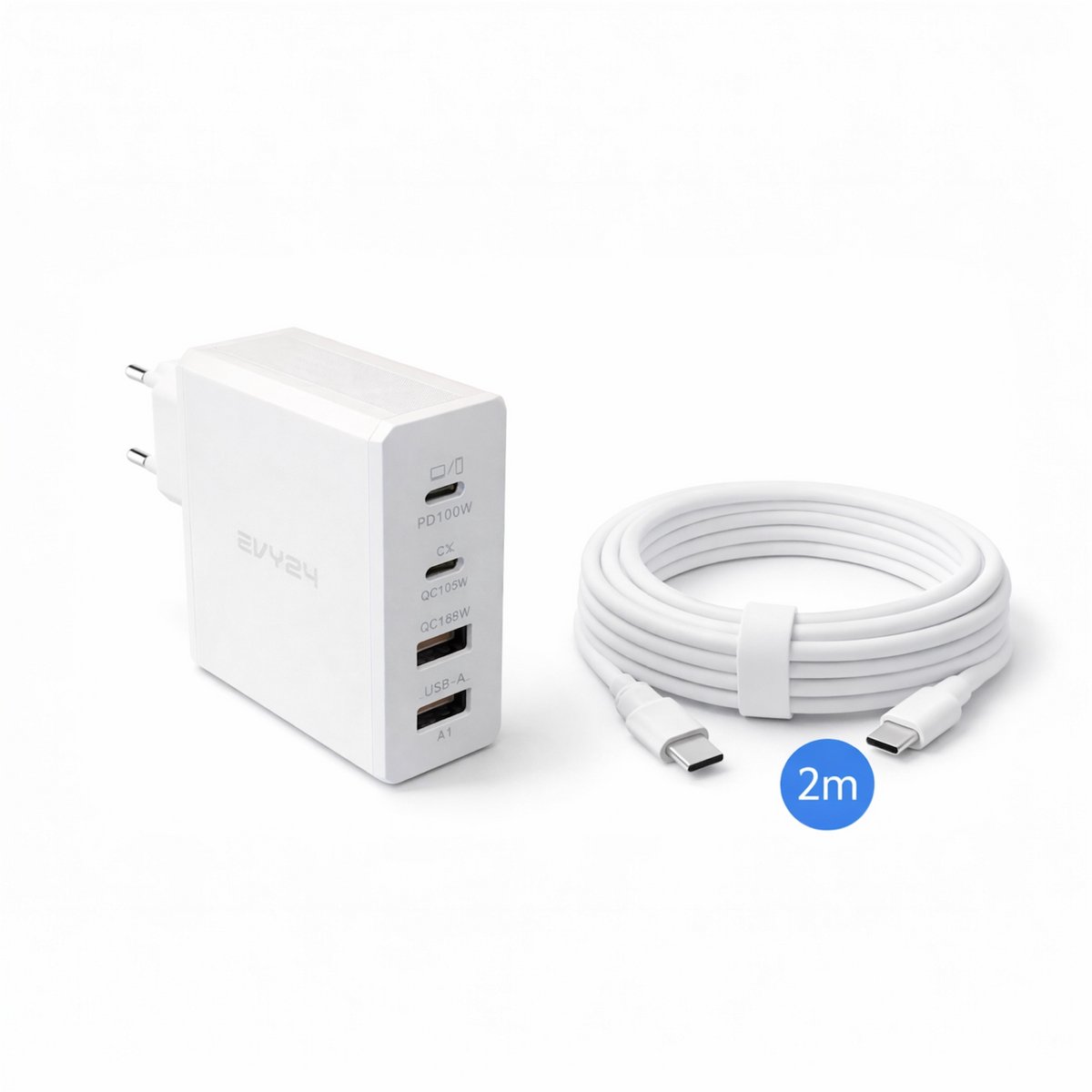 Evy24 USB C Oplader Wit 100w - Snellader Laptop en Iphone - 2M USB C Kabel 100W - 4 Poorten - Universeel