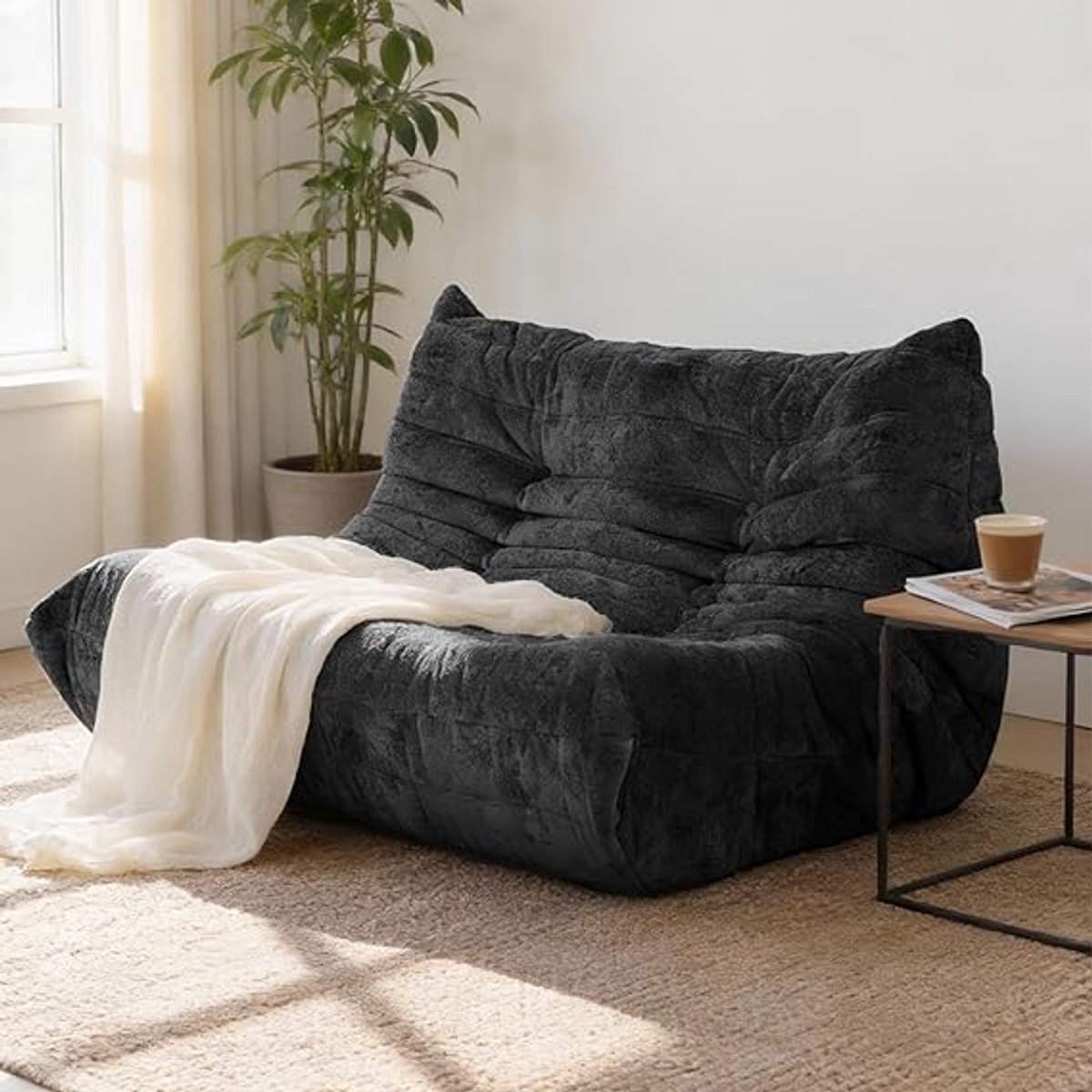 Vloerbank 118 cm 2-zits zonder montage, boneless schuimstofbank, ergonomische zitzak bank met rugleuning, moderne lounge bank voor woonkamer, slaapkamer, gaming, zwart – NoviHome