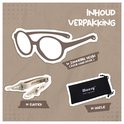 Verpakking met bruine zonnebril Noah, beige elastiek en zwart hoesje.