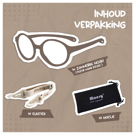 Verpakking met bruine zonnebril Noah, beige elastiek en zwart hoesje.