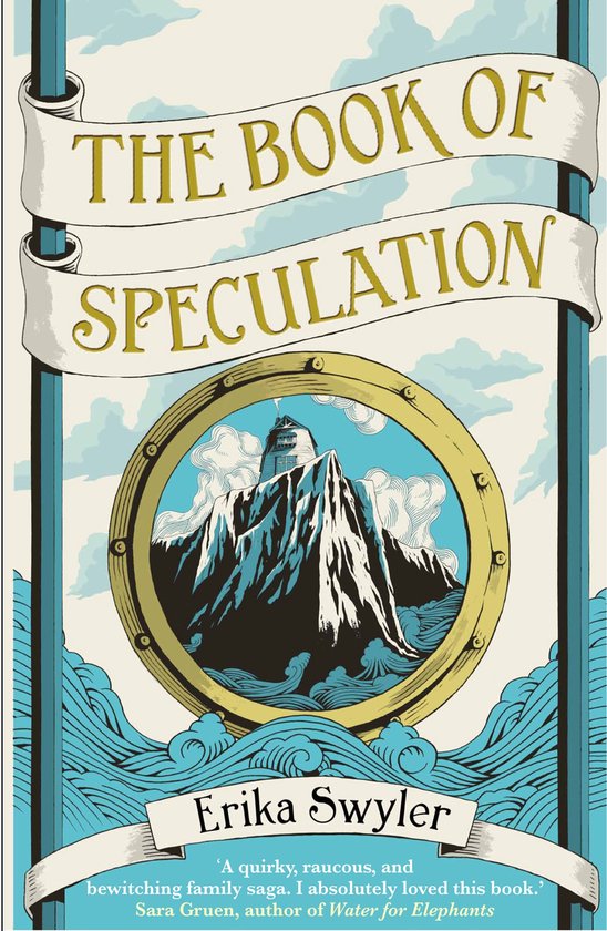 Boek 'The Book of Speculation' met een goudkleurig raam dat uitkijkt op een berg met een vuurtoren, omringd door golven.