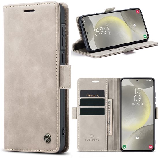 Étui de téléphone gris montrant l'extérieur, l'intérieur ouvert avec des cartes et un téléphone.
