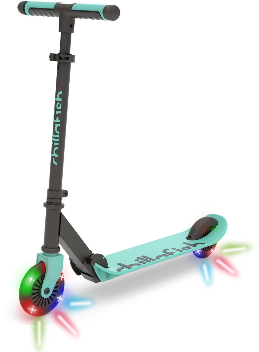 Chillafish Kinderstep jongens en meisjes vanaf 5 jaar met LED wielen - Blauw Groen﻿- Step met verstelbaar stuur en voetrem - Opvouwbaar en lichtgewicht met ABEC-5 wielen - Geen batterijen nodig - Model Flexxi Glow