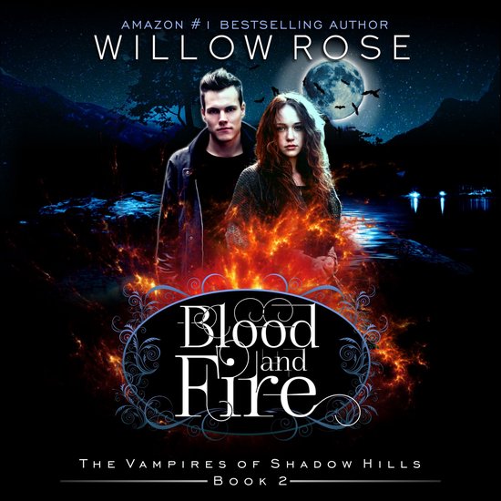 Een jonge man en vrouw staan voor een bloedrode, vurige achtergrond, met een volle maan en vleermuizen aan de nachtelijke hemel. Titel: Blood and Fire.