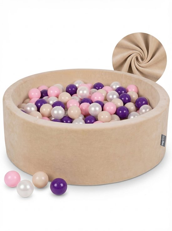 KiddyMoon Piscine à Balles Ronde Piscine à Balles en Velours 90X30cm / 200 Balles ∅ 7Cm Piscine à Balles pour Bébés, Piscine à Balles pour Tout-Petits, Fabriquée en UE, Beige Sable : Beige Pastel/Rose Poudré/Violet