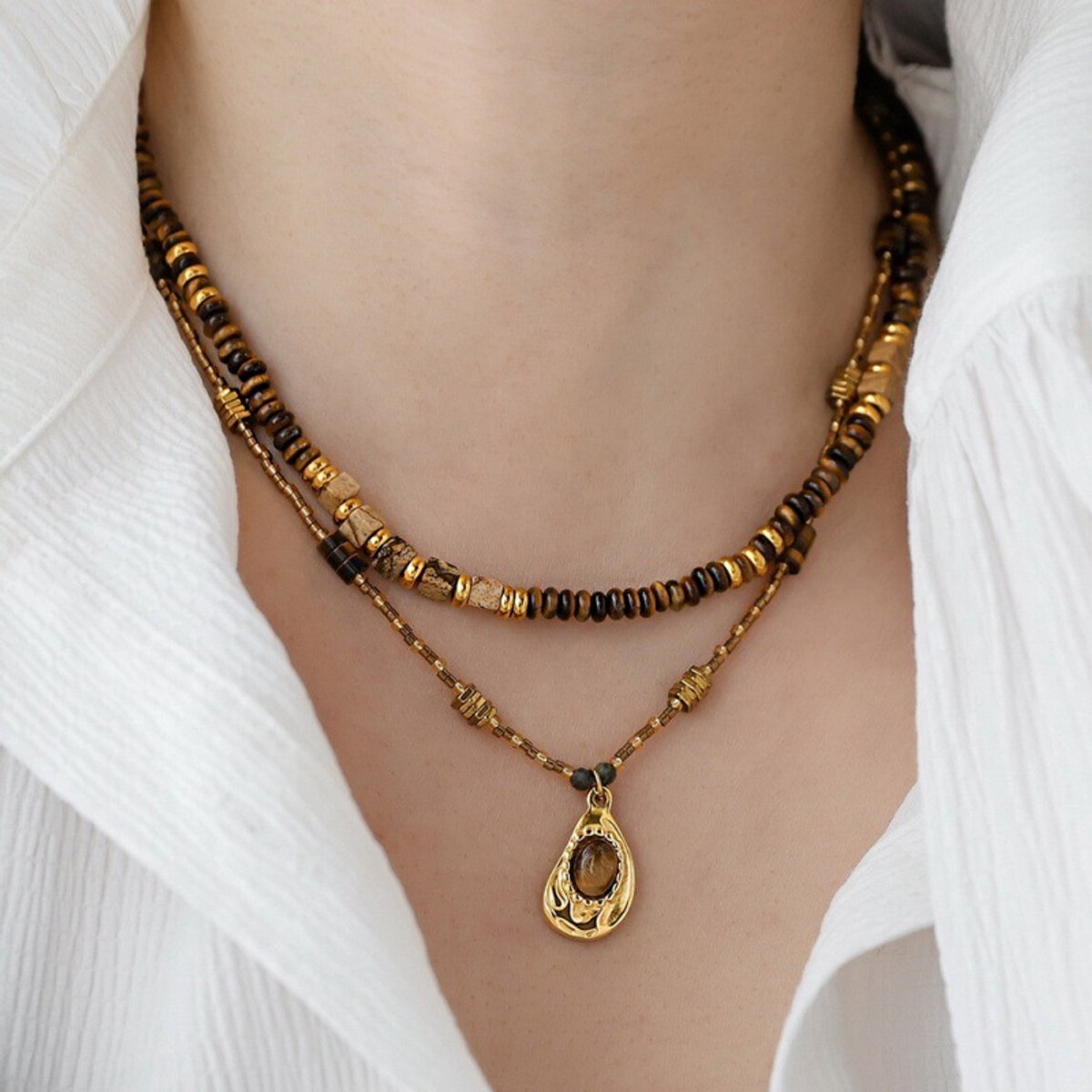 Helin Life Klassieke ketting – Damesketting met gemengde kleuren van natuurlijke tijgeroogstenen, te combineren met andere kettingen, retro-stijl – parelketting – natuurlijke edelstenen – set – cadeau