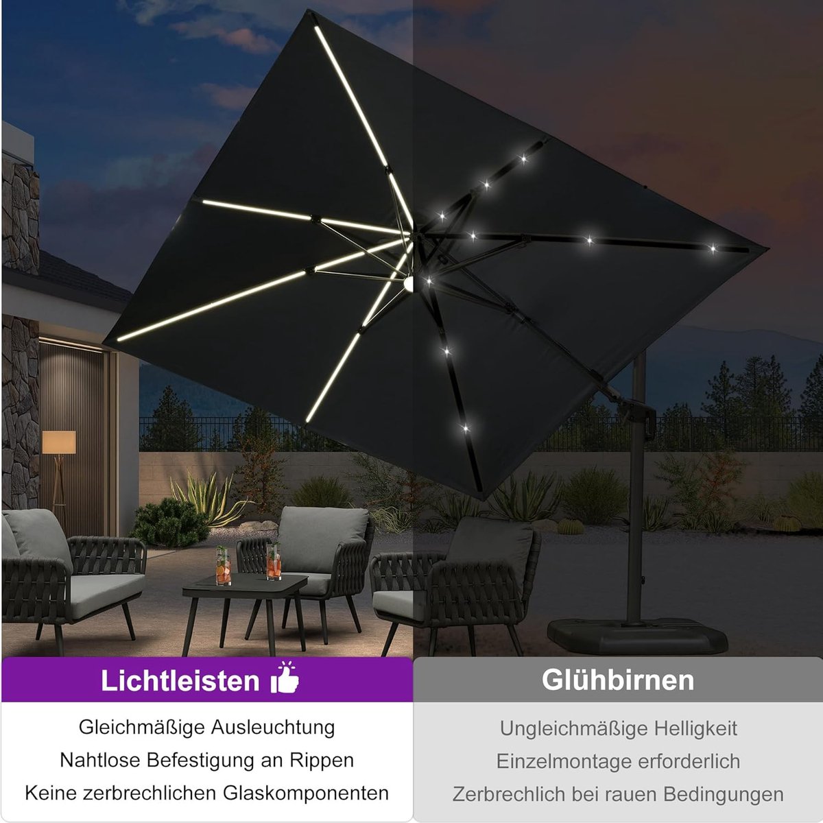 Zweefparasol 300x300 cm met LED Verlichting – 360° Draaibaar, Aluminium Tuinparasol met Zonnepaneel, UV-bestendig & Waterafstotend, Vierkant Grijs – Laura