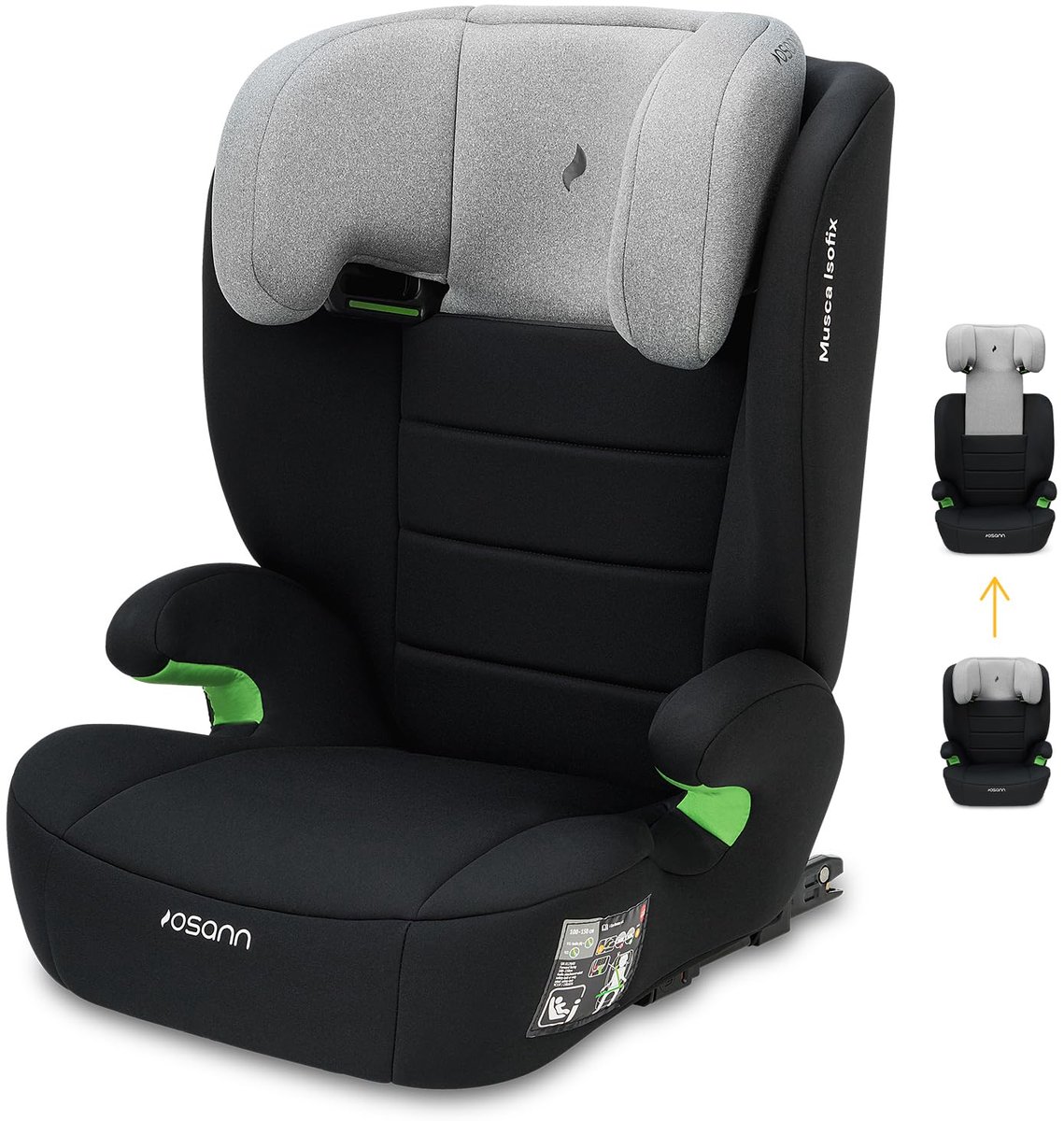 Osann Musca i-Size-kinderzitje van 100 tot 150 cm, autokinderzitje zonder Isofix, zitverhoger met rugleuning - grijs gemêleerd
